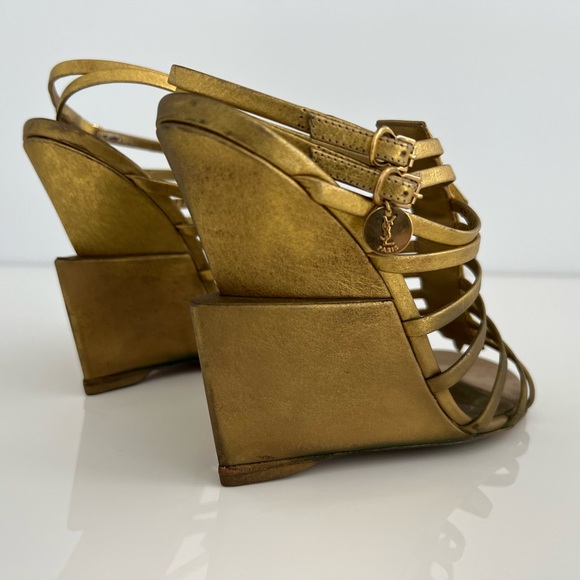 YVES SAINT LAURENT BRONZE GOLD GLADIATOR WEDGE SANDALS SIZE IT 37.5 / US 7.5 - Picture 12 of 17